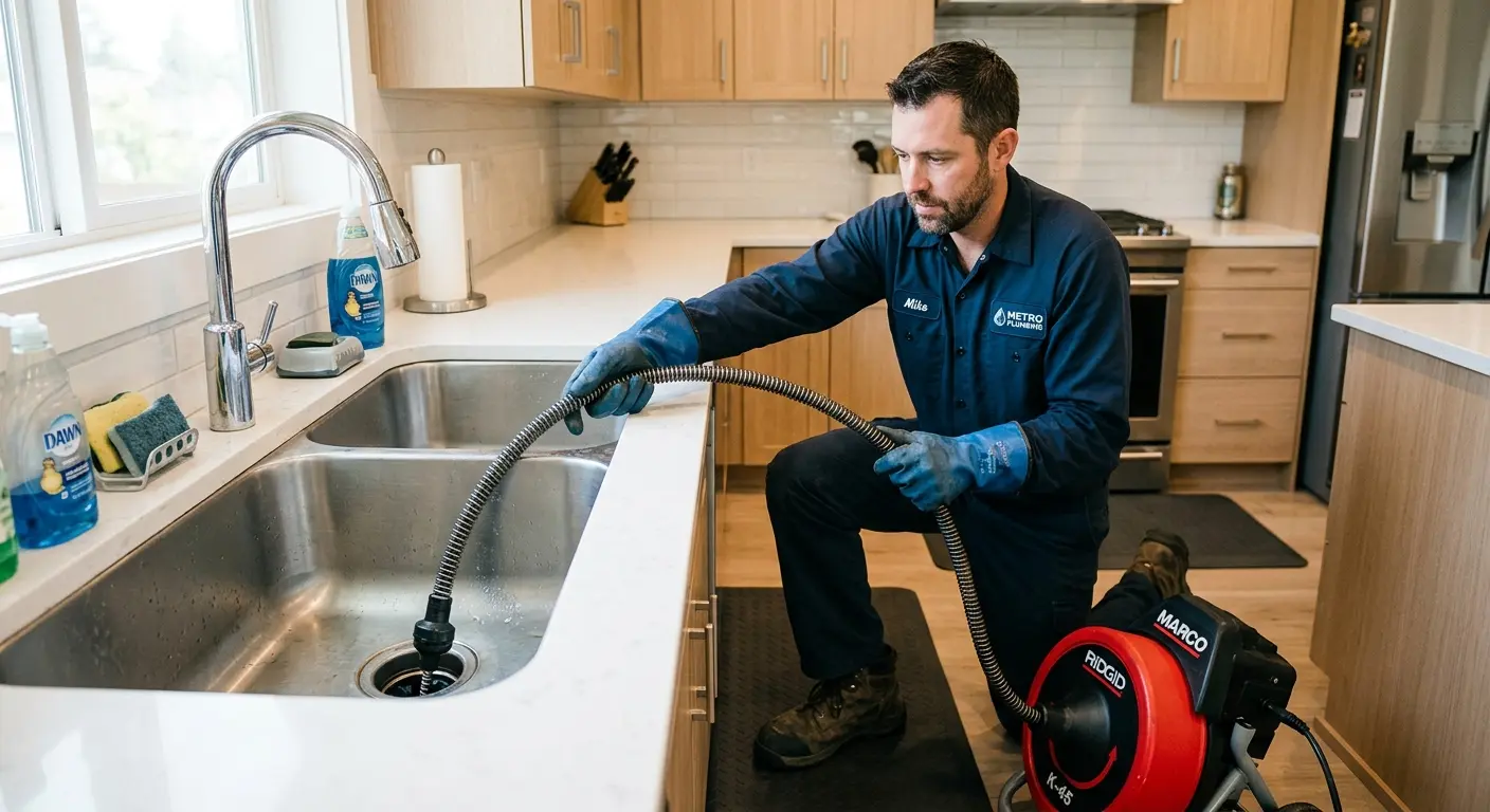 Drain cleaning technician using a motorized snake on a kitchen sink in Deerfield