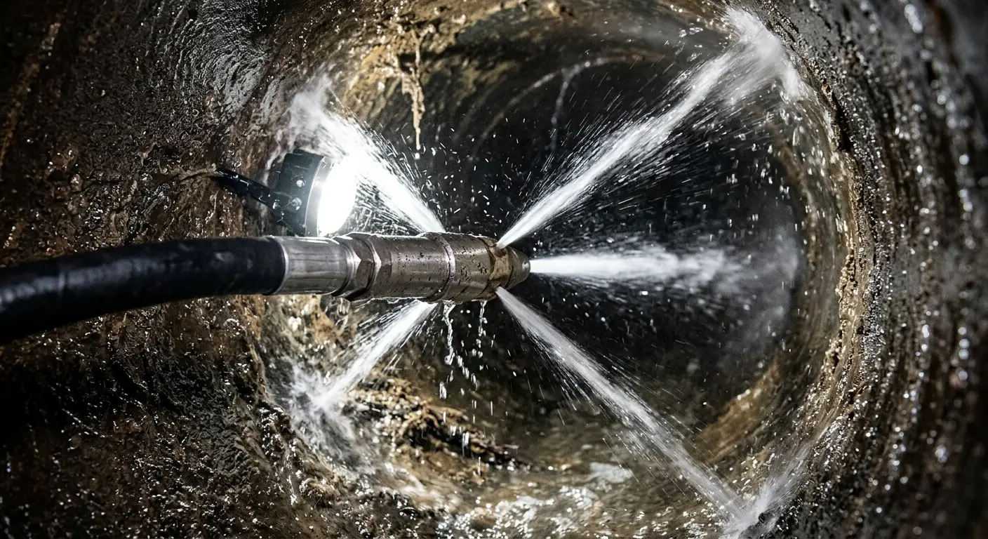 High-pressure hydro jetting nozzle cleaning sewer pipe for Trenchless Sewer Repair in Deerfield
